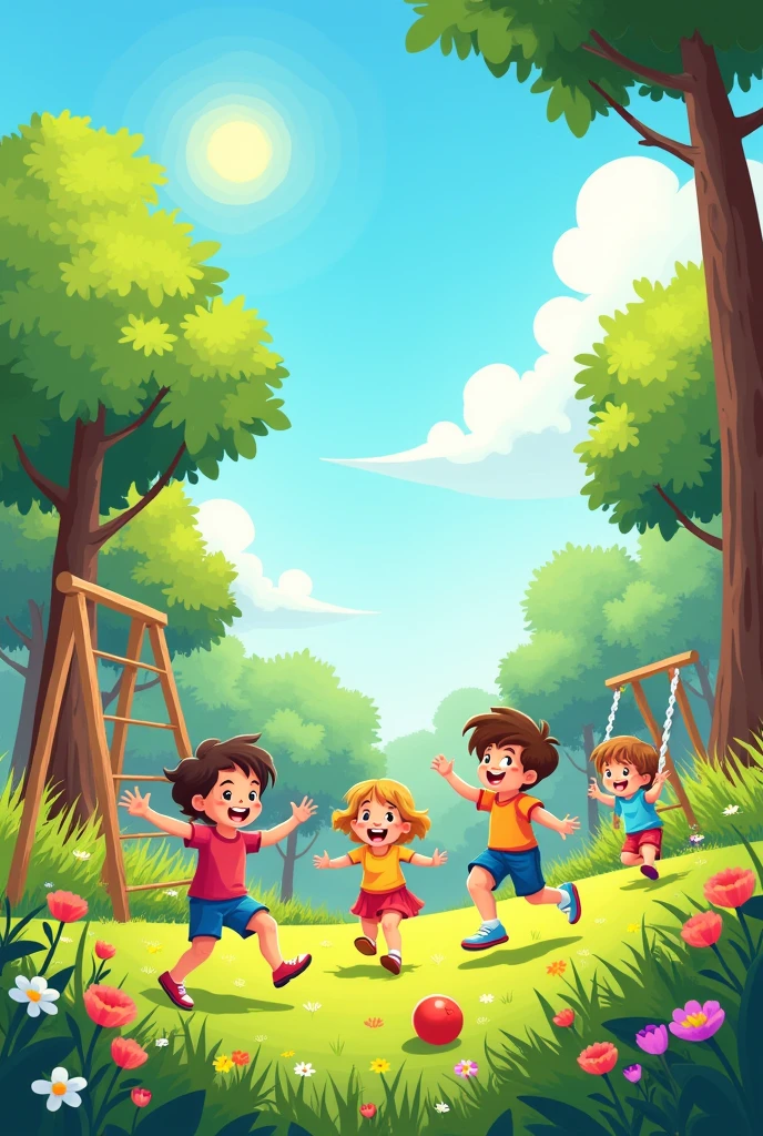 Create an image of children playing joyfully in a vibrant garden setting. The garden is full of colorful flowers, green grass, and tall trees. The children, of various ages, are engaged in different activities: some are running and playing tag, others are on a swing set, and a few are climbing a small tree or playing with a ball. The sky is clear and blue, with the sun shining brightly. The entire scene is lively, with laughter and smiles, capturing the fun and innocence of children enjoying their time outdoors. The style should be colorful and animated, like a scene from a cartoon.