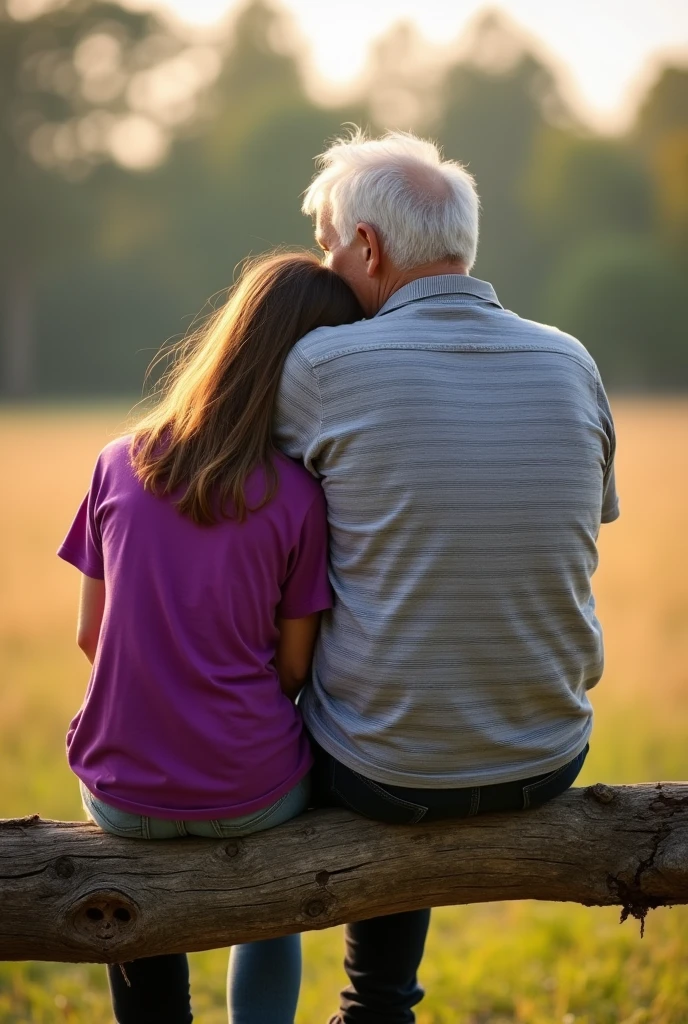 Make a tattoo drawing of a sitting with her grandfather on a cut of a tree branch in an open field. Only their back are visible. The girl is on the left side and the grandfather is ok the right side. The grandfather was wearing a gray polo shirt with thin black stripes on it. While the was wearing magenta shirt.