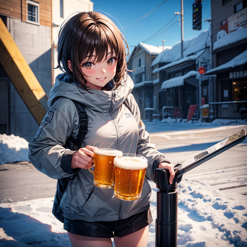 Woman drinking beer in winter snow