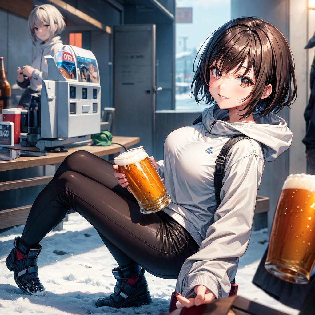 aggressive、Patsun、Medium Hair、girl、T-shirt dress、Light Hair、Small Mouth、Small Nose、Big Breasts、Chubby、Beer 、1 person