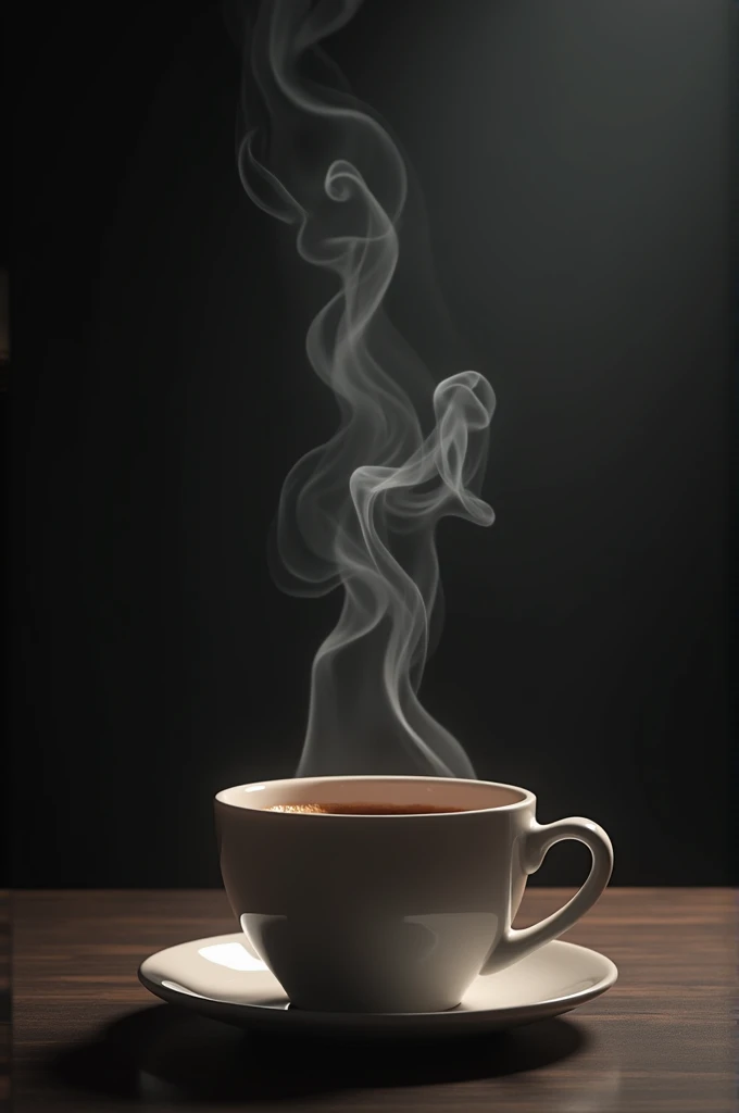 Morning A cup of hot coffee on the table with thin white smoke rising to form the words ” Munjlika” dark background. photo realistic 3D With Dslr.