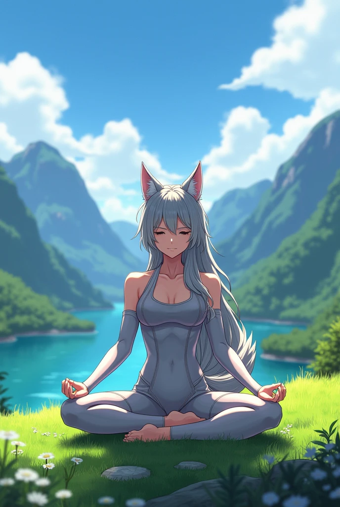 A anime wolf girl on a mountain doing yoga