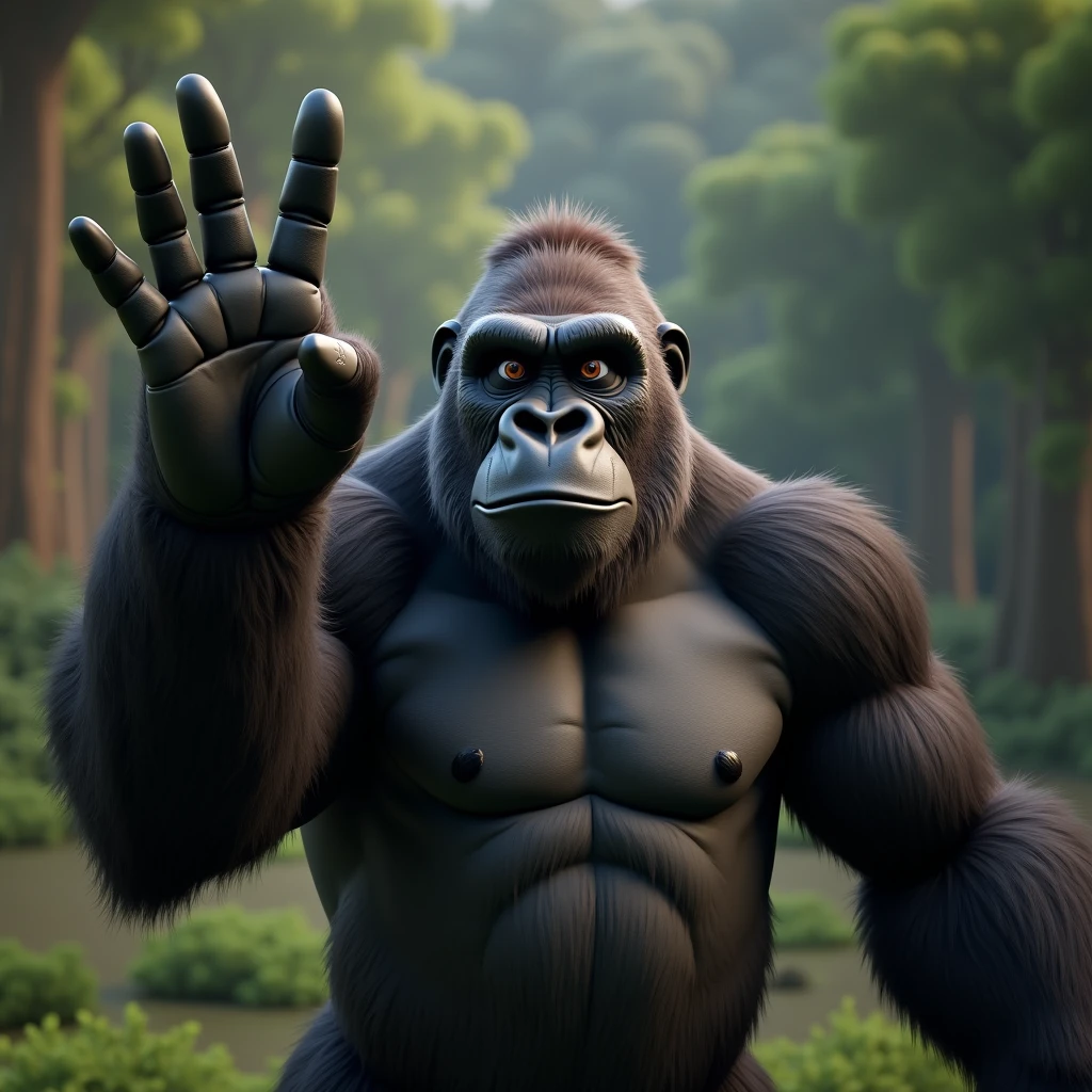3D Animation、Gorilla holding up four fingers、5 fingers in total、The thumb is bent