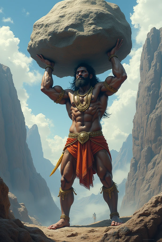 Lord hanuman lifting huge mountain with his arm