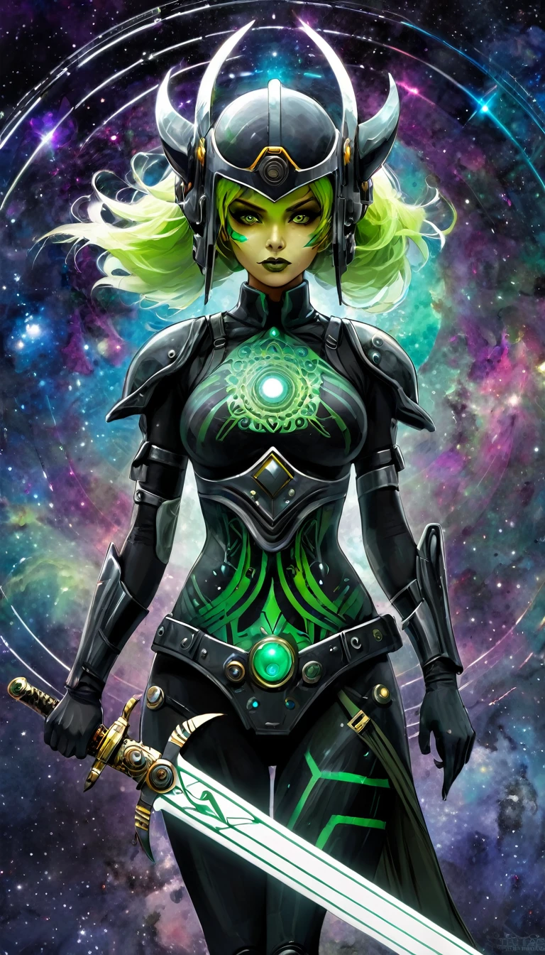 1girl, alone, MANdALA fractal black and green body paint, sexy, multicolored hair galactic soldier holding a galactic mandala gray sword with both hands, mandala helmet and ready to attack aggressively, ZZZ, ZENLESSZONEZERO, art inspired by Bill Sienkiewicz and Dave McKean 