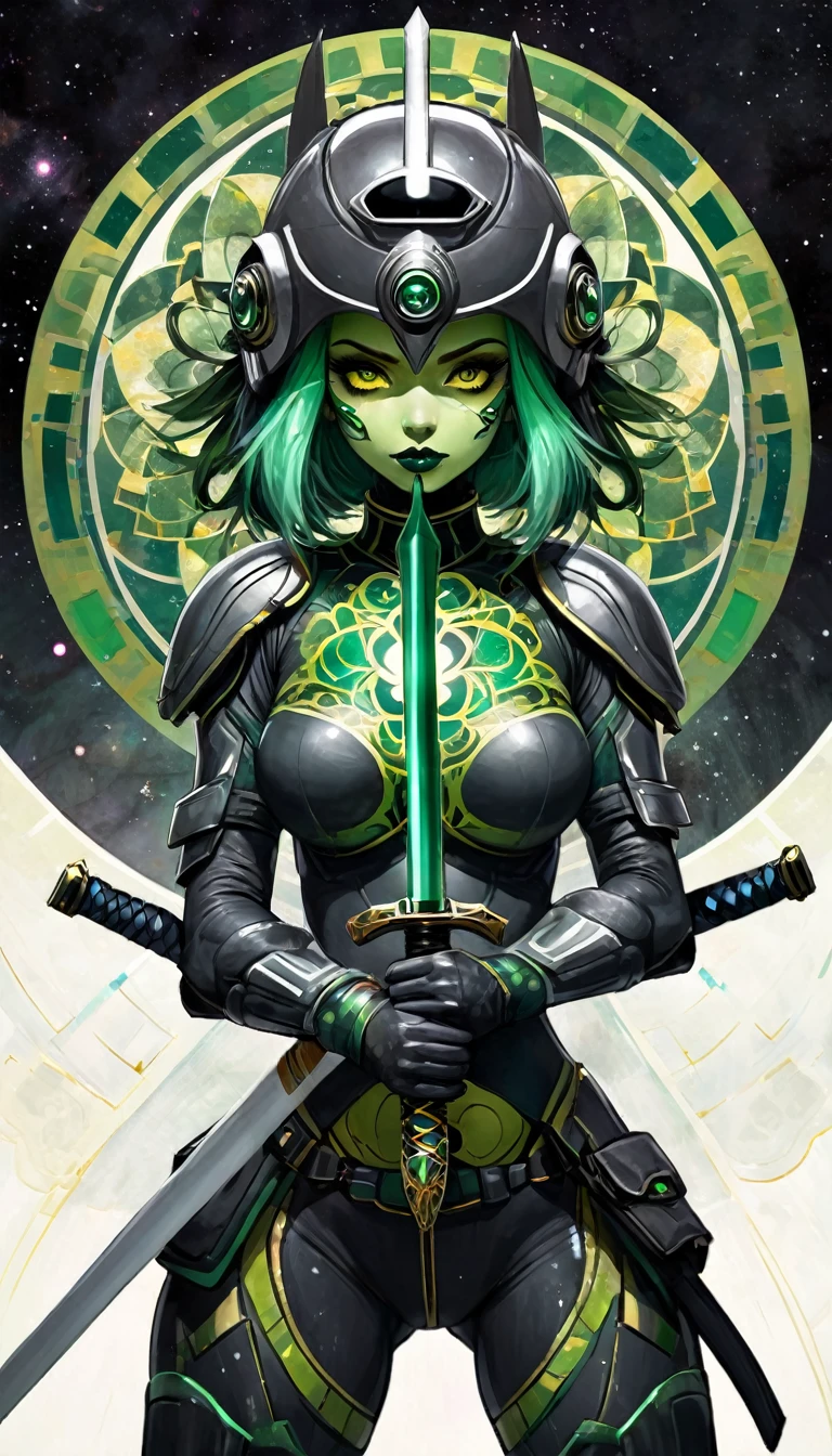 1girl, alone, MANdALA fractal black and green body paint, sexy, multicolored hair galactic soldier holding a galactic mandala gray sword with both hands, mandala helmet and ready to attack aggressively, ZZZ, ZENLESSZONEZERO, art inspired by Bill Sienkiewicz and Dave McKean 