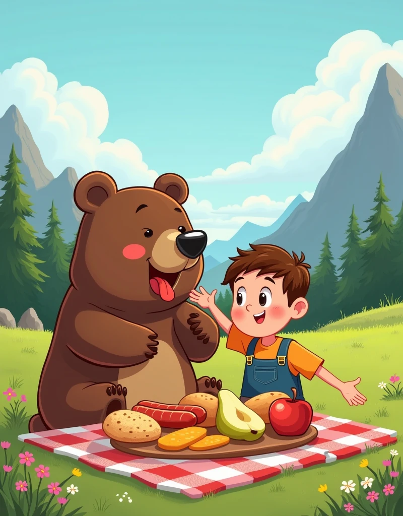 A cartoon depicting a boy taking a selfie with a bear while camping in the mountains,The expression on his face。Bear is wiping his forehead,It means it is sweating because of the heat。It is wolfing down a pile of food - sausages.、cheese、Potato、pear、apple、Bread and honey - all laid out on a picnic table。The dining table is located on a sunny lawn,Wildflowers add a pop of color to the background。The sky above is clear and bright,Typical sunny weather。In the distance is a mixed forest,Adds depth to green landscapes。