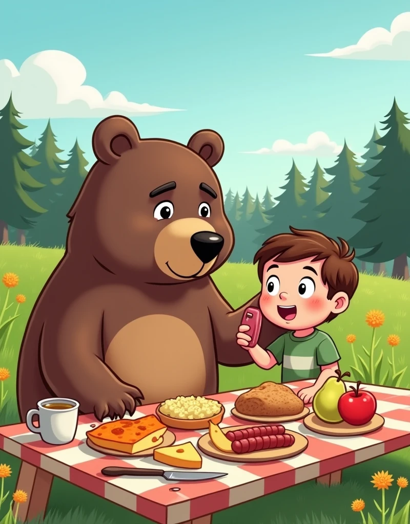 A cartoon depicting a boy taking a selfie with a bear while camping in the mountains，The expression on his face。Bear is wiping his forehead，It means it is sweating because of the heat。It is wolfing down a pile of food - sausages.、cheese、Potato、pear、apple、Bread and honey - all laid out on a picnic table。The dining table is located on a sunny lawn，Wildflowers add a pop of color to the background。The sky above is clear and bright，Typical sunny weather。In the distance is a mixed forest，Adds depth to green landscapes。