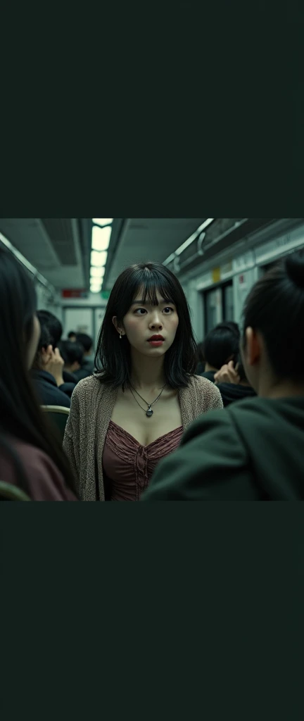 (32K:1.9, Horror depictions:1.9, Highest quality, masterpiece, Ultra-high resolution, Professional random angle camera work:1.5, Very detailedな肌と顔の質感:1.4), Always accurate, Very detailed, bag, (Cute Japanese Woman, Camisole dress and cardigan:1.6, Incredibly slim body:1.3, areola is not visible:1.4, Big breasts on the verge of collapse), ((Crowded train:2.0, Crazy behavior:1.9, in the train、Two young women hugging a woman from behind:1.7)), belt, Fair skin, elegant, sense of cleanliness, Thin eyebrows, (Surprised:1.0, Puzzled:1.0, A look that shows deep contempt for you:1.3, Big eyes that exude beautiful eroticism:0.4, Please open your mouth a little, lipstick, Feel the beautiful eroticism:1.0, Dark brown medium hair), Earrings, necklace, bracelet, romantic, mysterious, Object of admiration, original, dramatic, artistic, Innovative, charm, Heartful, Fancy, Tilt, sense of loss, special, ((exciting, Extreme, sense of openness, suffering, sufferingの表現)), ((Mistakes of Youth, 女性的なcharm))