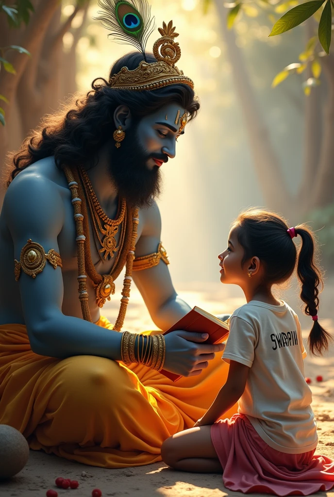 Chaild Beautiful Lard Sri Krishna explain Geetha book on his hand and to a girl should be 1 and wearing t shirt her name is Swapna on the t shirt back side and clearly visible and she is sitting in front of Lard Sri Krishna. Lard Sri Krishna has Peacock on head, beautiful face without beard