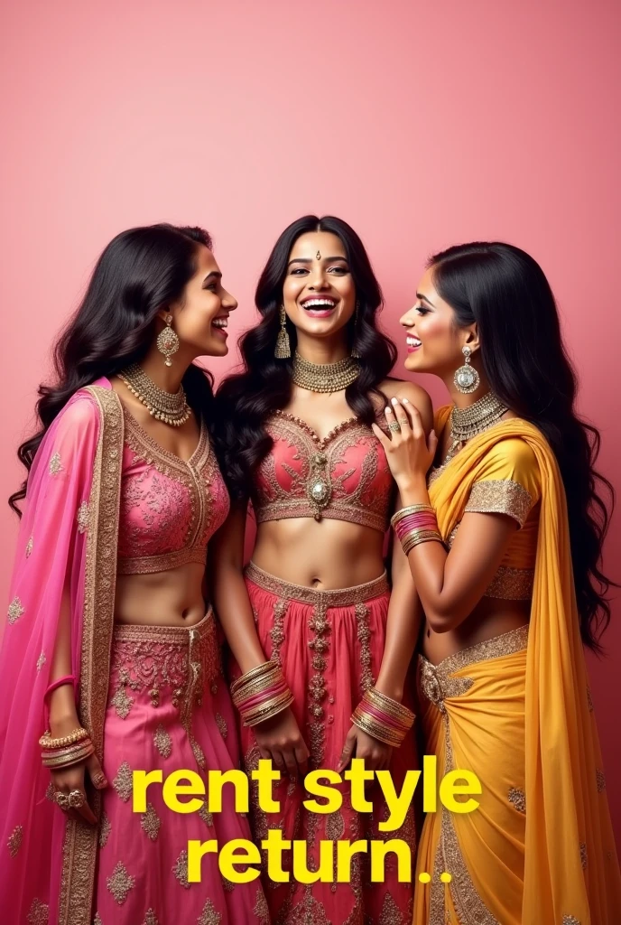 need a poster that must fee realistic. The copy in the poster should be bold and in yellow text “RENT STYLE RETURN”. 3 indian brides laughing in a royal lehangha, gown, saree and should feel a festive look, should be in a pink background 