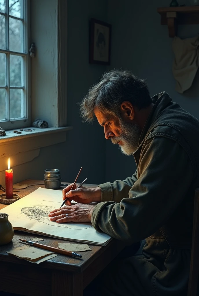 A sad artist in his aesthetic sad room creating a drawing of his sad emotions at night from view from window beside his table