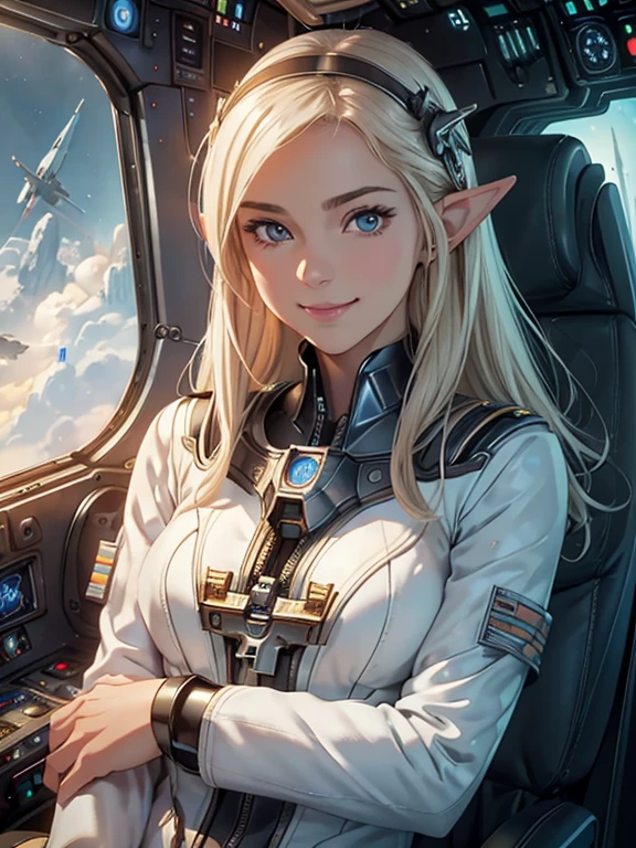 masterpiece, Highest quality, Highly detailed CG Unity 8K wallpapers,((Upper body portrait)), ((It is housed in a space fighter cockpit as small as a bathtub.)), (Long pointy ears), Platinum Blonde Hair, ((Average Chest Circumference, Self-illuminating skin)), ((Pilot suits that cling to the body)), (Holding the control stick), White skin, (Pilot helmet), (blush), , (Captivating smile), cute, Symmetrical face, fine grain, Key Art, Awards, intricate detail realism hdr, Photorealism, Hyperrealism, Ultra-realistic, Dramatic Light, Nice views, Written boundary depth,