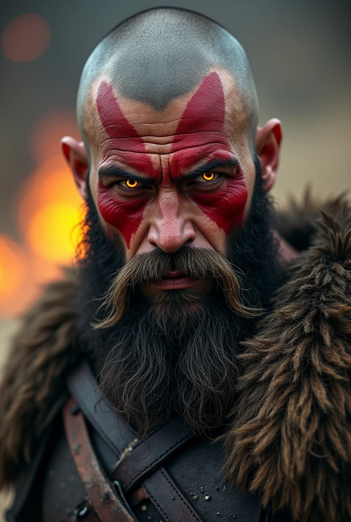 Generate a highly detailed, close-up of a fierce portrait, battle-hardened warrior god of war with a shaved head and a thick, unkempt beard. The warrior has red war paint scribbles across his face and intense, glowing yellow eyes that exude power. Your skin is rough, with scars and dirt from countless battles. He wears dark, worn armor., with fur details. the atmosphere is dark and sandy, with embers and sparks flying around, creating a sense of danger and intensity."
