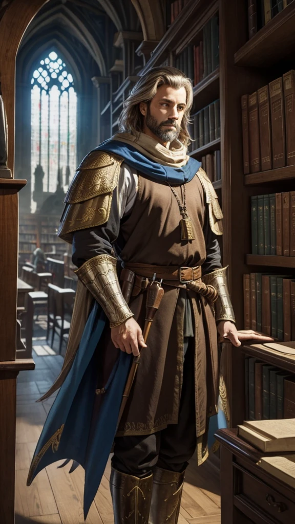 medieval fantasy bird man in a library