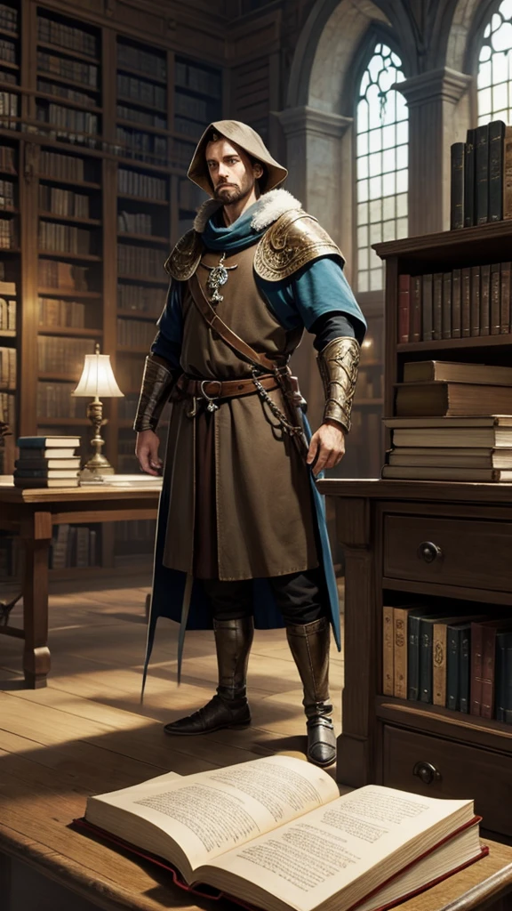 medieval fantasy bird man in a library 
