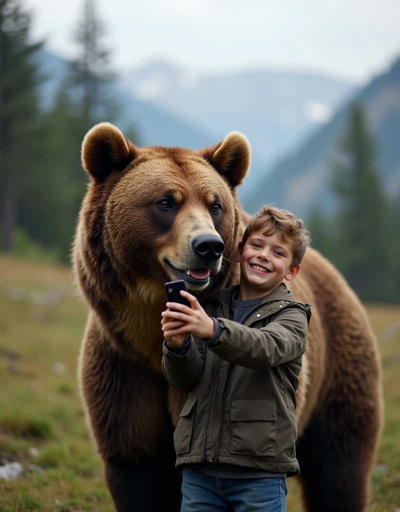 whole body,Photo of a boy taking a selfie with a bear while camping in the mountains。