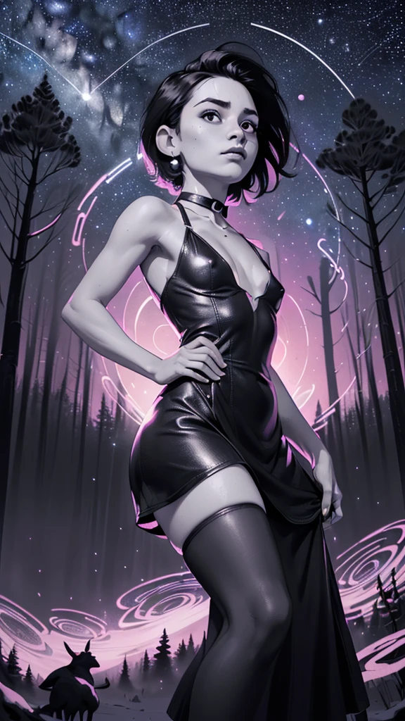 one girl, solo, slender body, fit body, (bust:1.3), (black eyes:1.3), black hair, (short hair:1.2), masterpiece, highly detailed, look at viewer, (look from below, below view:1.3), (leather dress, choker:1.4), (long exposure starry sky with many circular orbits, many stars twinkling in a beautiful bright winter night sky, forest, fractal art, bright colors, colors mashing, complimentary colors, neon, compassionate:1.3), expressing joy, (dark sky background:1.1), (bare shoulders:1.4), (small breasts, tiny breasts, flat chest, male chest:2.0), (limited palette:1.7)