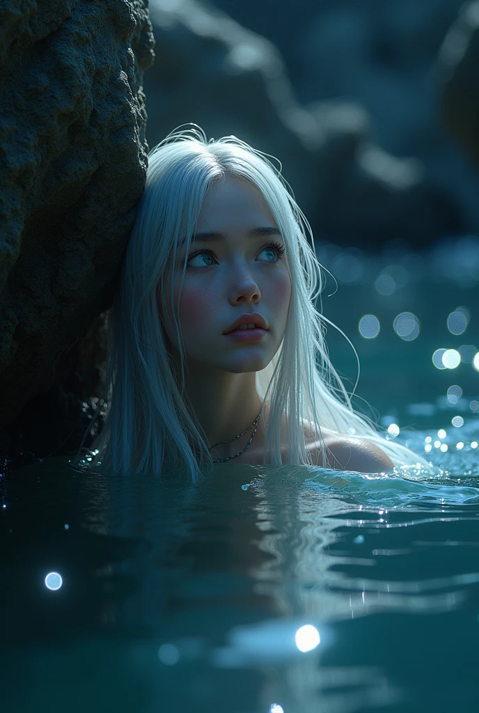 Scene 2: Lyra Hearing Leo’s SongPrompt: A beautiful mermaid, Lyra, with long, flowing silver hair and iridescent scales, emerges from the ocean, hidden behind a large rock. Her eyes are wide with wonder as she listens to the song carried by the wind. The moonlight reflects on the surface of the water, making it sparkle like diamonds. The background features the dark depths of the ocean, with shadowy, mysterious shapes barely visible beneath the waves.