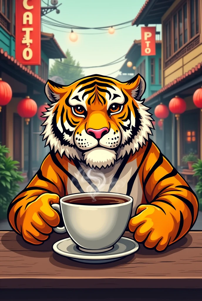Design Logo in capital letters " PATO COFFEE " There is a picture of a fat tiger drinking coffee in Hanoi.