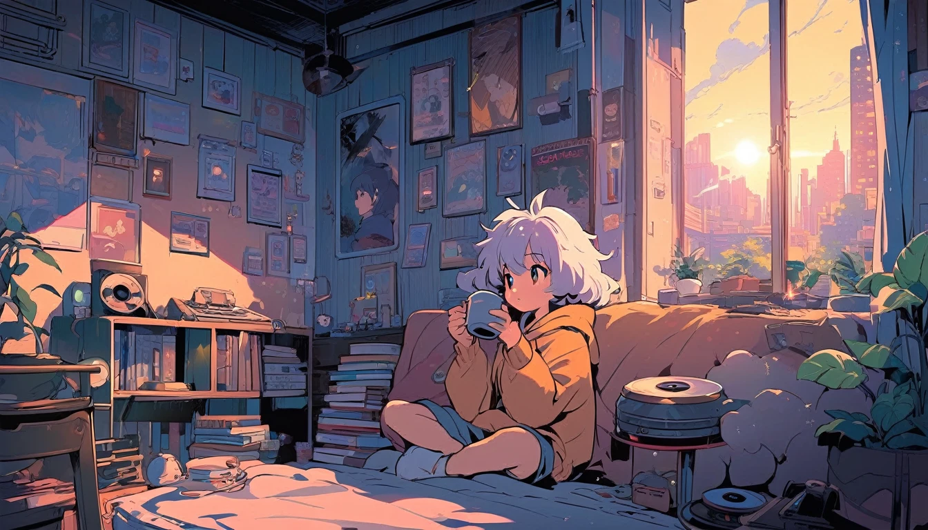(extremely detailed CG unity 8k wallpaper), (best quality), (best illustration), (best shadow), realistic lighting, beautiful detailed reglow, masterpiece, best quality, lofi artstyle, lofi art, 80s anime style, Retro, Lo-Fi, Lofi Sensation, Portrait of Lofi, Lofi Colors, Lofi Vibes , Lofi atmosphere, Lofi hip hop, Hayao Miyazaki style,studio ghibli style,
A lofi-inspired anime scene set in the early morning, featuring a cool anime boy with messy white hair. The boy is sitting on the edge of his bed by an open window, where soft morning light streams in, illuminating his tousled hair and the serene expression on his face. He’s wearing a loose, comfortable hoodie, with one sleeve slightly pulled down. Outside the window, a peaceful cityscape is visible, bathed in the warm glow of the rising sun. The boy holds a steaming cup of coffee in one hand, while his other hand rests on a vinyl record lying next to a vintage turntable on his bedside table. The room is cozy, with scattered books, a small plant on the windowsill, and a few posters on the wall. The overall color palette consists of soft pastels and warm tones, creating a tranquil and reflective morning atmosphere that embodies the lofi aesthetic