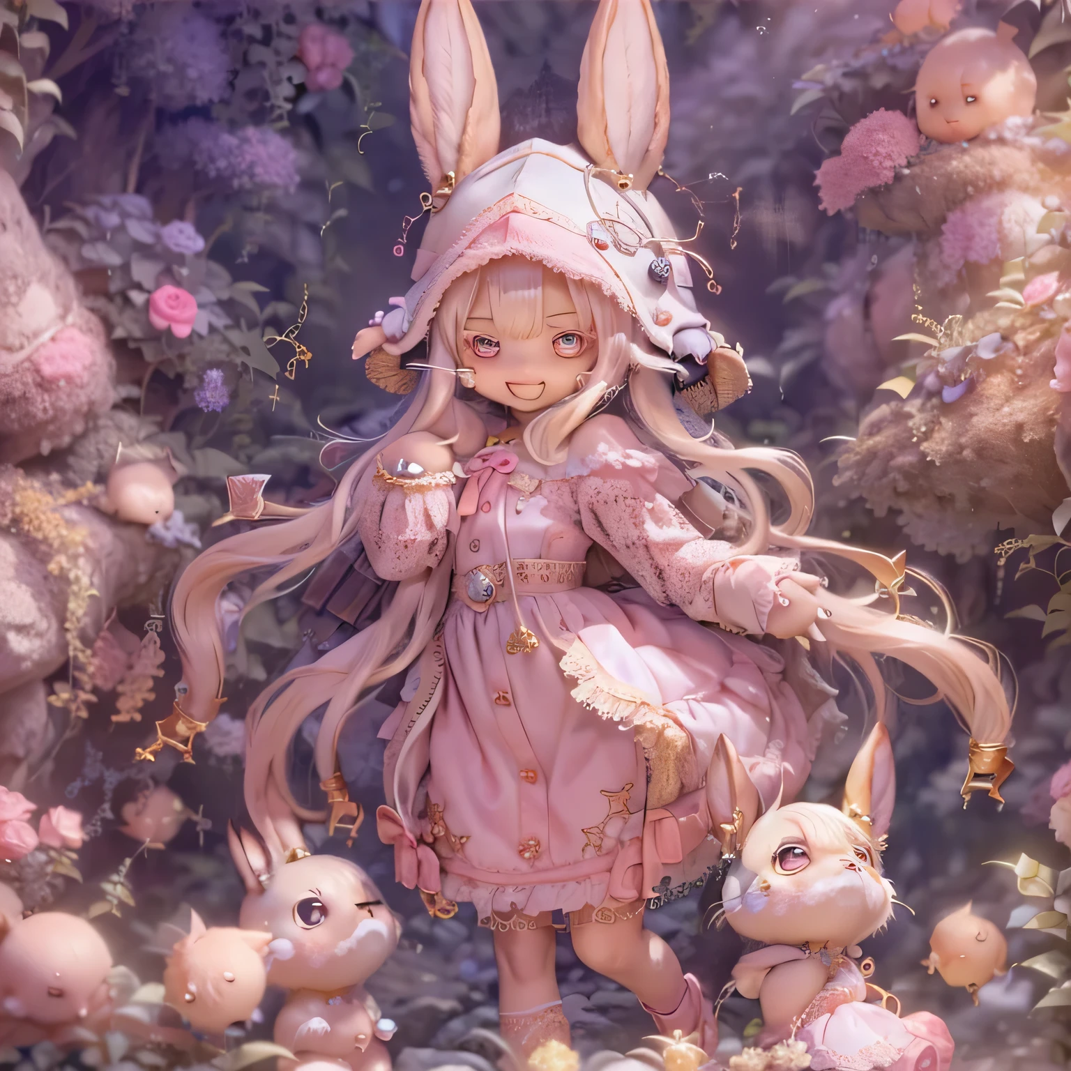 in the garden, smile, Similar to Nanachi from Made in Abyss. She is beautiful, Beautiful eyes and lips.  (((Chibi Style,))) . Image quality is excellent, Highly detailed and realistic features. The medium of this work is、Combining illustration and photorealistic rendering.. The colors are vivid、The lighting creates a warm and bright atmosphere。 whole body(((((Cute pink dress)))))Contrasting cute poses