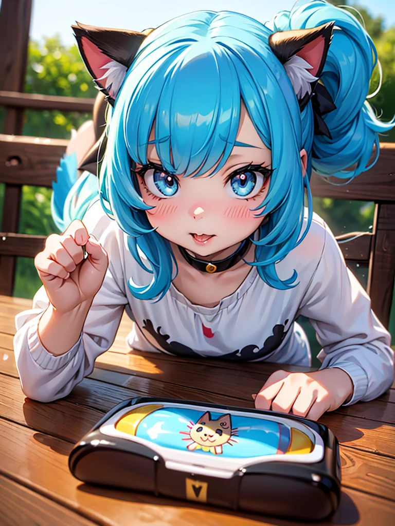 childish girl , dancing with realistic cat , coquettish , Cunning , Fascinating , Seducer , Naughty , innocent , moist eyes , glossy lips , childish clothes , childish hair tie , Wonderful days , (LUMMELTUTE:1.5) , EAT ME