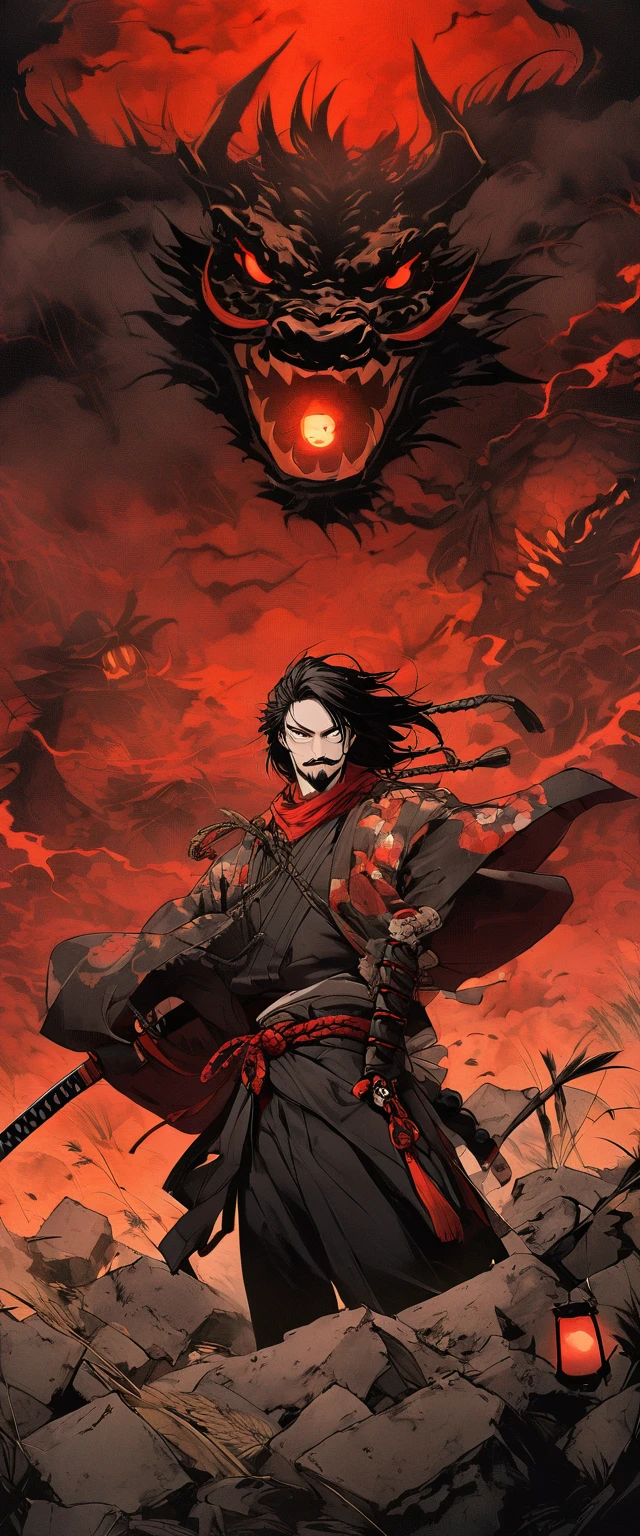 Scarlet Silk Ronin Costume。A world of thick fog,Wheat field。Bust Shot。Dark Eyes。clothes are blowing in the wind。Grin。Katana on the waist。Stylish pose。Many small lanterns are floating。Mustache。Beard。Messy long black hair。 A thin young ronin stands on the rubble。alone。Spooky atmosphere。Japan。Red Sky。Chiaroscuro,Big black dragon behind。