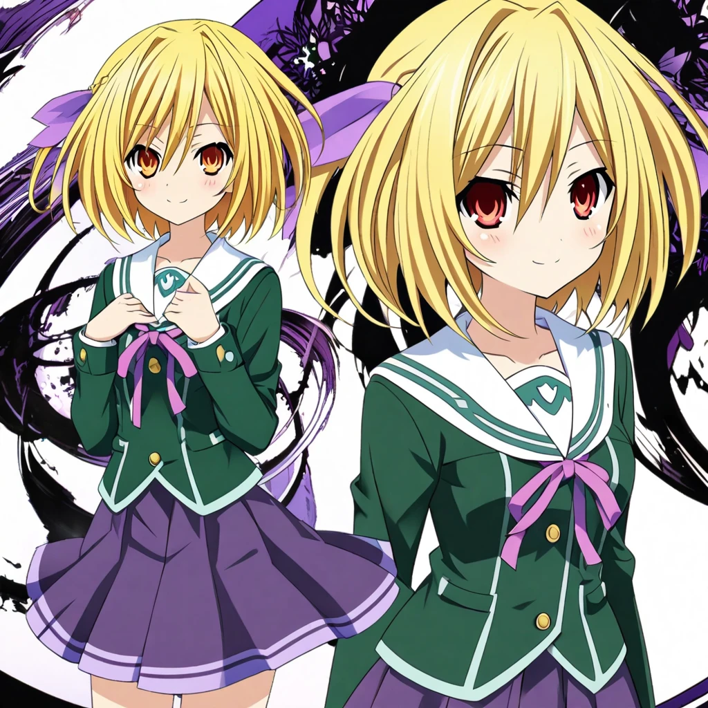 Anime character design, White Background, Yellow hair, short hair, orange eye, smile, date a live styles, Green school outfit, Violet skirt, violet ribbon, green sock, school boots