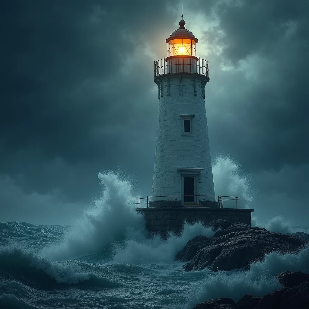 A dramatic scene of a solitary lighthouse braving a fierce storm at sea. The lighthouse, built on a rocky outcrop, stands tall and sturdy against the onslaught of the waves. Its white stone exterior is illuminated by the bright, warm glow emanating from its lantern room at the top. The lantern room, enclosed by a metal railing, is the only source of light in the otherwise dark and stormy scene, symbolizing hope and guidance. The storm is depicted as a raging tempest with towering waves crashing violently against the lighthouse. The waves, a mix of dark blues, greens, and white foam, seem to almost engulf the structure, showcasing the raw power of nature. The sky above is a swirl of dark, ominous clouds, adding to the dramatic atmosphere.
