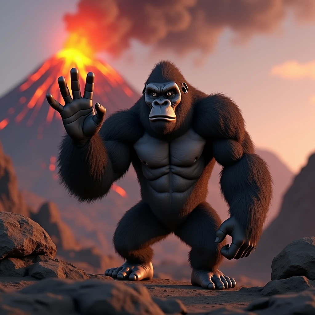 3D Animation、Gorilla holding up four fingers、5 fingers in total、The thumb is bent、The background is a volcano