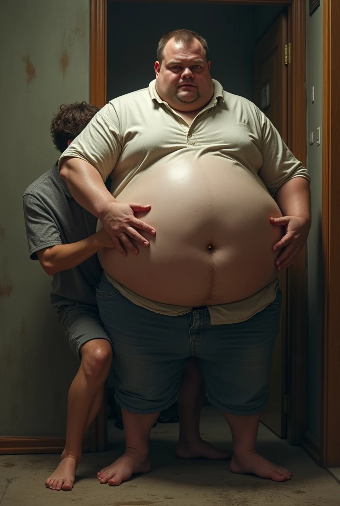 A man caught between a fat man's belly and his clothes