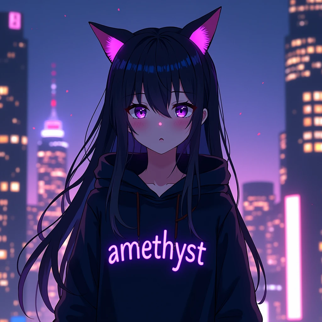 long haired anime girl is wearing black 
hoodie, with 
cat ears and with a purple text "amethyst" on her clothes, in citylights background, 