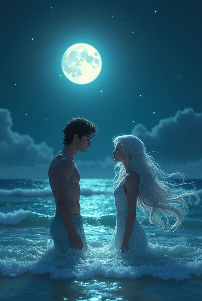 Scene 3: Lyra and Leo MeetPrompt: A nighttime scene on the beach with Leo and Lyra meeting for the first time. Leo stands knee-deep in the water, looking at Lyra with awe and surprise. Lyra is half-submerged, her long silver hair flowing in the water, and her luminous green eyes fixed on Leo. The full moon is high in the sky, casting a soft light over the scene. The ocean is calm, and stars twinkle above them, adding a magical atmosphere to the moment.