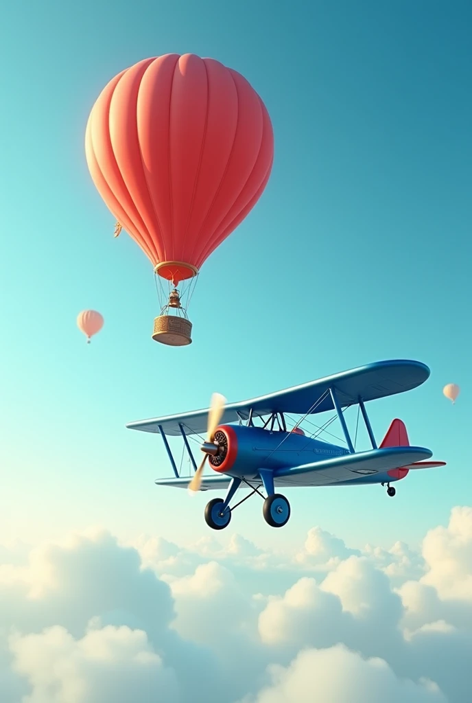 Blue plane and red balloon floating in the sky.