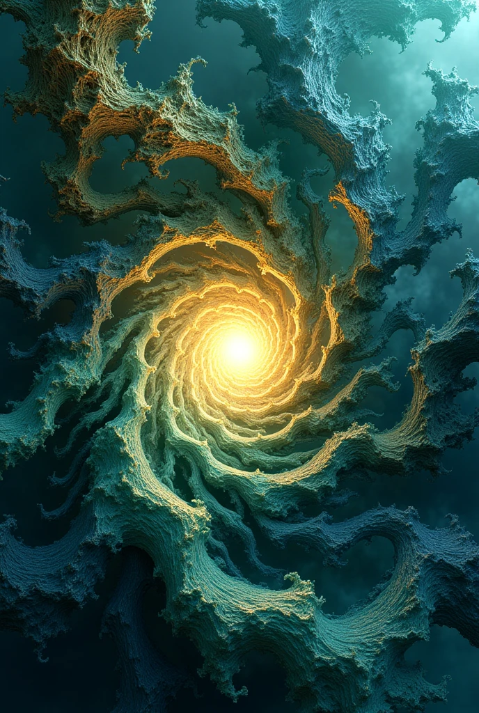 Create a complex, abstract fractal with many details. Primary colors - deep blue, emerald green and gold, with smooth transitions between them. The fractal should resemble natural forms., such as tree branches or sea waves, with swirling spirals and patterns, reminiscent of whirlpools. In the center of the fractal let there be a bright point of light, as if he was radiating energy.