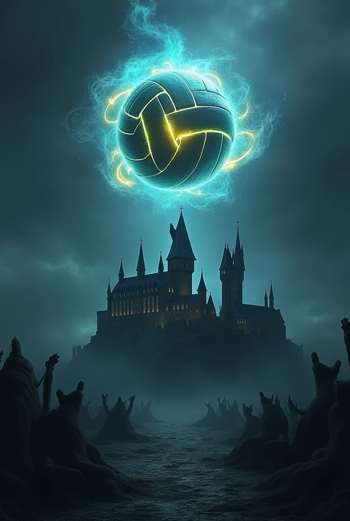The symbol is supposed to combine the themes of volleyball and Azkaban from Harry Potter. At the center, a dark castle, similar to Azkaban, surrounded by Dementors flying around. The volleyball can be integrated as a glowing sphere above the castle, surrounded by magical chains or smoke, symbolizing the confinement of Azkaban. the color palette should be dark, com tons de preto, gray and dark blue, while the volleyball should glow blue and yellow, creating a mystical contrast.