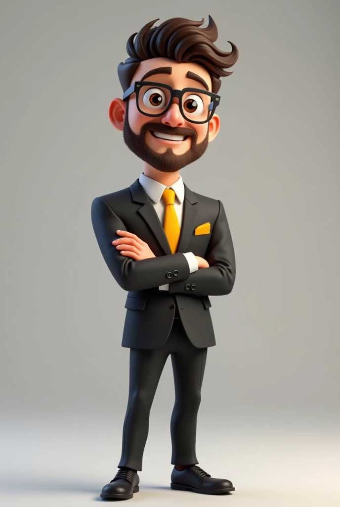 A full-body 3D cartoon-style character. He has a friendly and charismatic appearance. The character is a young man with light skin, a beard, and dark brown hair styled upwards, thick eyebrows, large brown eyes, and wears glasses. He is smiling confidently.
The character is dressed formally, wearing a black suit, a white shirt, and a yellow tie. In the pocket of the suit jacket, there is a yellow pocket square, matching the tie.
He stands with his arms crossed in front of him. His posture and relaxed stance suggest confidence and ease. The background of the image is neutral, which further highlights the character.