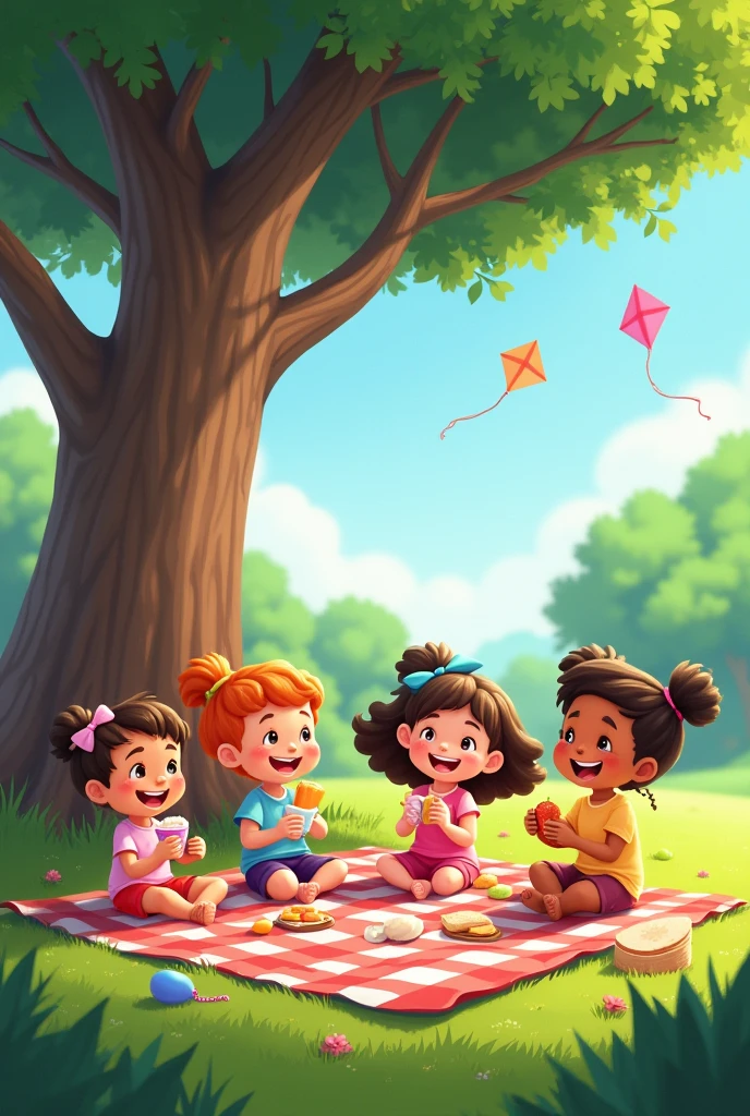 Create an image of children enjoying a fun picnic in a park. The scene is set under a large, shady tree with a checkered blanket spread out on the grass. The children are sitting around the blanket, eating snacks, sharing food, and laughing together. Some kids are holding sandwiches, while others have juice boxes or fruits. Nearby, there are a few kites flying in the sky, and a couple of children cartoon videos 