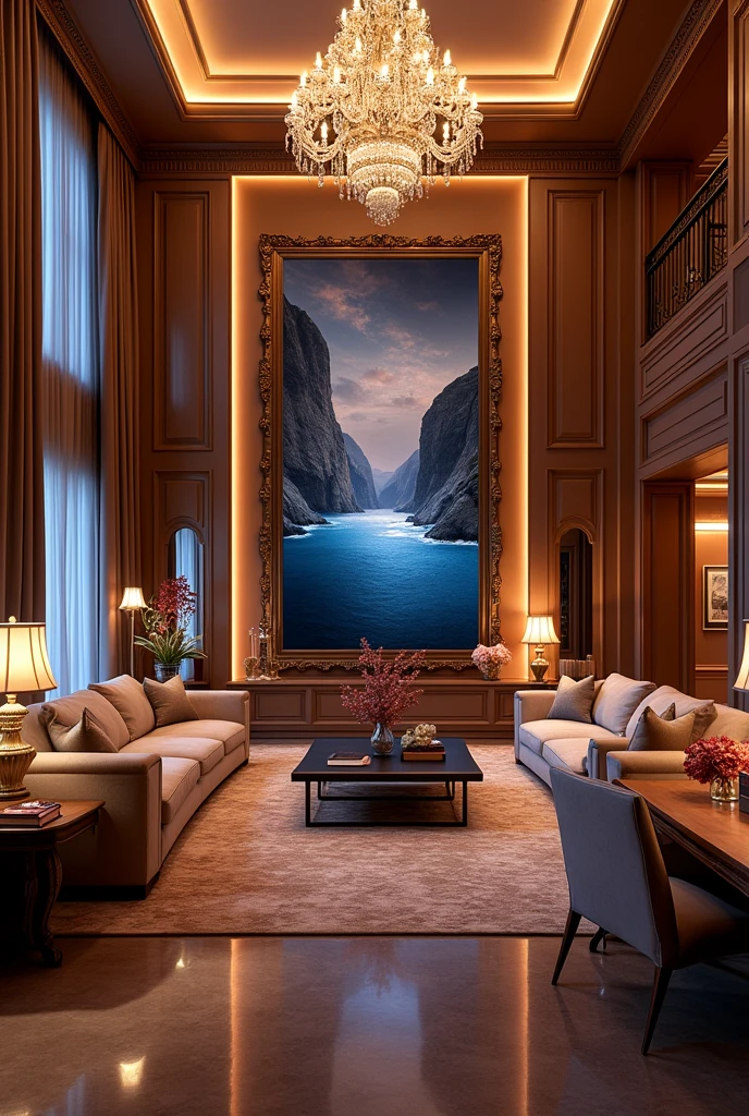 Beautiful luxury home with so many lights and beautiful very big room having big television and big frame