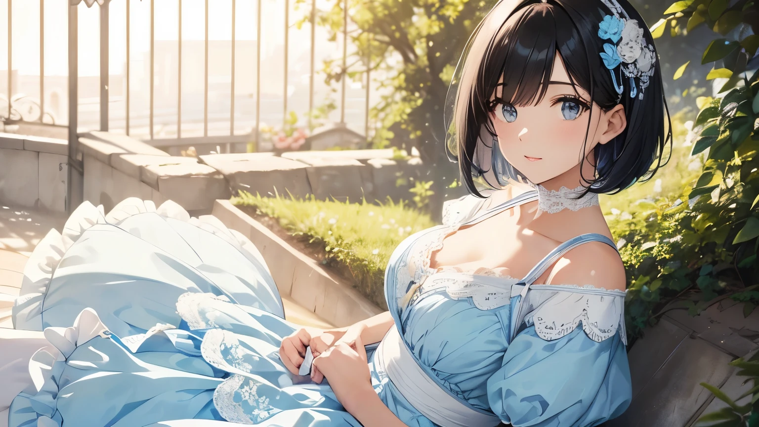 A beautiful woman wearing a pale blue and white pannier dress with lots of frills and lace.　Black short bob hair with hair ornament　Upper Body　lipstick
