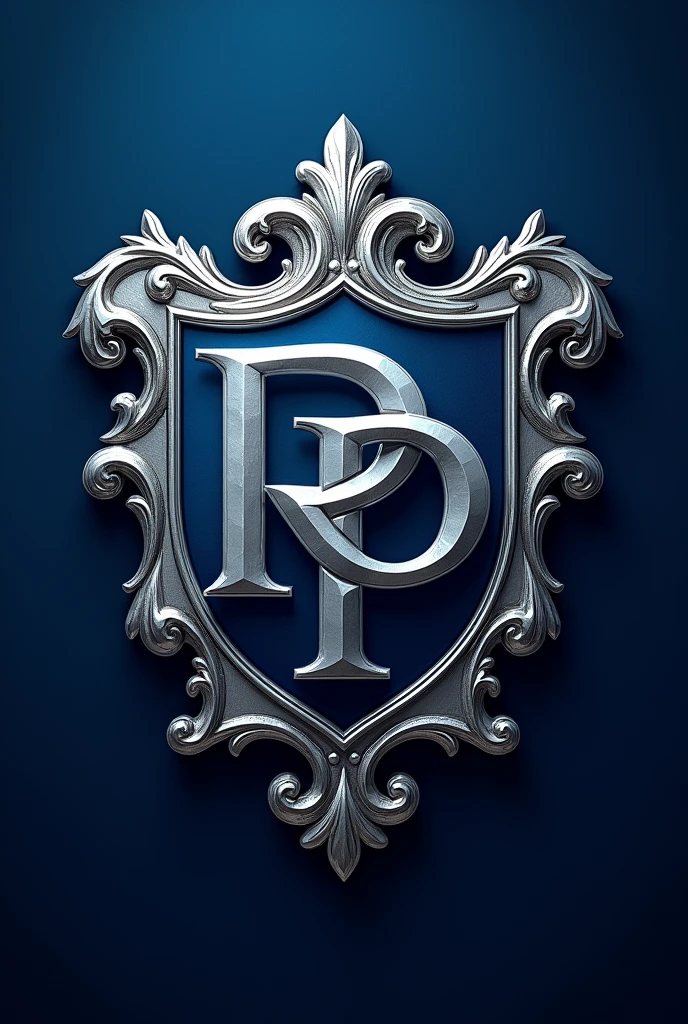 A coat of arms of a kingdom with the letters “R” and “P” intertwined , but colors in royal blue and metallic silver