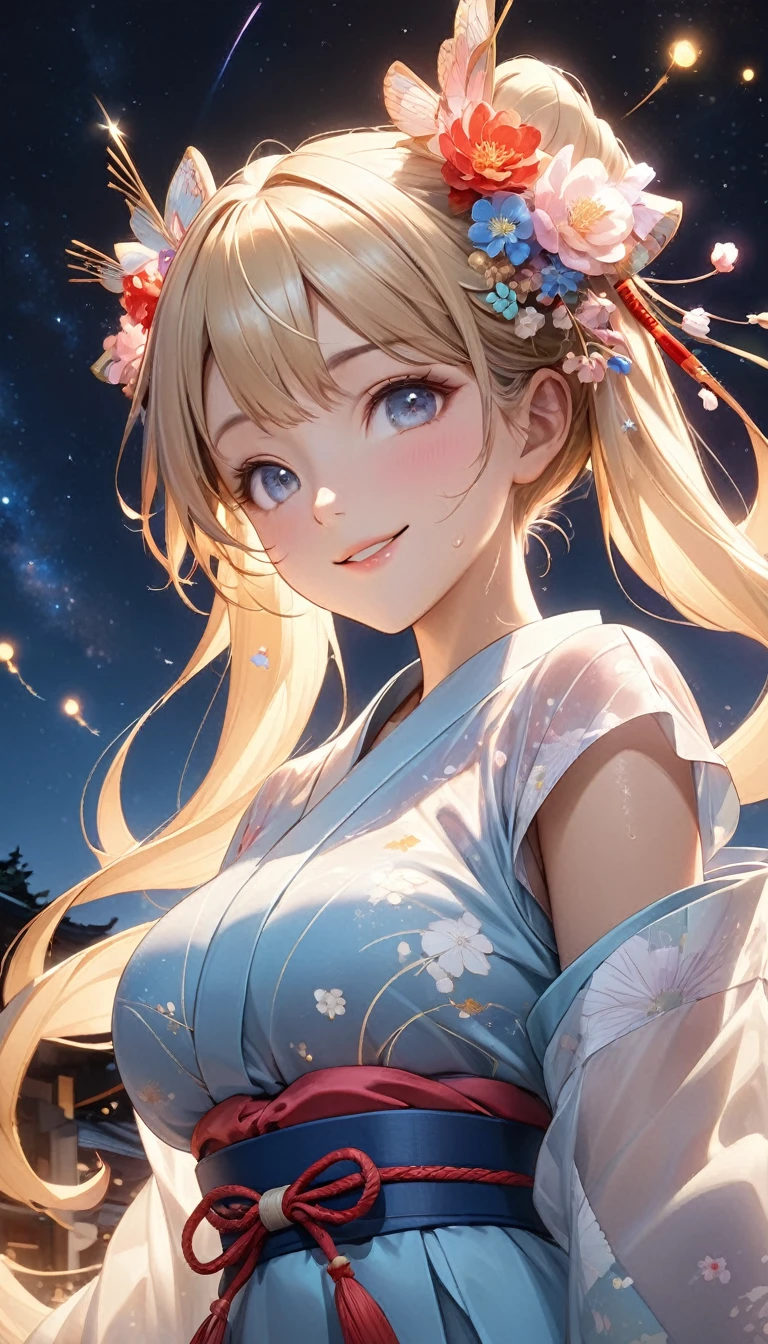 8k resolution, masterpiece, Highest quality, Award-winning works, unrealistic, SFW, elegant, Very detailed, Digital Painting, artステーション, コンセプトart, Smooth, Sharp focus, shape, artジャム、Greg Rutkowski、Alphonse Mucha、William Adolphe Bouguereau、art:Stephanie Law , , Royal Jewel, , Full Shot, Symmetric, Greg Rutkowski, Charlie Bowwater, beep, Unreal 5, Surreal, Dynamic Lighting, ファンタジーart, Complex色, Gion, Kyoto, Numerous fireflies, fire works, milky way, shooting stars, Small face, Very delicate look, , Delicate facial depiction, Delicate eye depiction, Upper body close-up, Alluring, erotic, dynamic sexy pose, sole sexy girl, healthy body, Age 22, , , ,, doaxvv_Marie Rose, geisha, height: 160cm, huge firm bouncing busts, , Very long wavy blonde hair, Twin tails, Glowing Skin, Sweat, Smiling at the camera, look up, Invincible laughter, Complex, traditional Japanese see-through yukata,