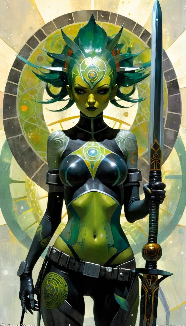 Queen Chrysalis, Queen Chrysalis "My little pony", Queen Chrysalis as a girl, Bioorganism, not human, Mechanical parts, straight hair, exuberant hair, hairlong, Black hair, Bionic body parts, Missing skin, Completely cyborg, Cybernetic organism, mechanical arms, Mechanical legs, green colored eyes, Sanctified Green Eyes, Black Swimmer, Large mechanical wings, Wings made of metal, mutilated wings, full length, full - body, A highly detailed, Качество Ultra 8K, Broken parts, Holes in mechanisms, not a living organism, Runes and Green Magic, Lots of green, Green backlight, Magic Earrings, lots of magic, A gloomy world, In a gloomy castle, Green Laser Weapons