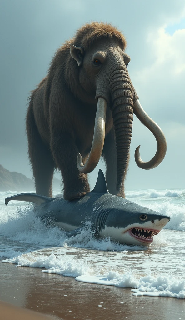 Mammouth standing on a dead great white shark that it fought by the sea shore