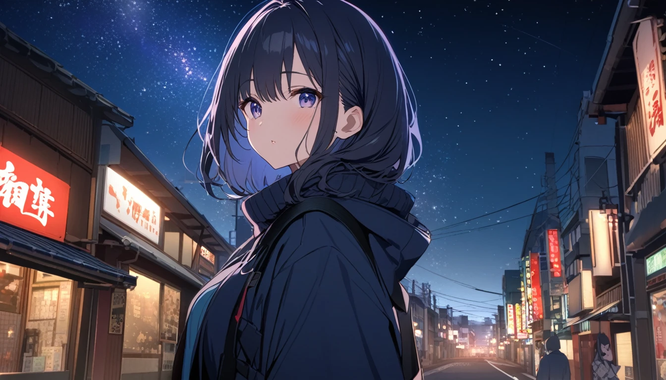 A woman looking at the Tokyo night view in Kawagoe,Night starry sky,Streetscape、listen to music、Japanese