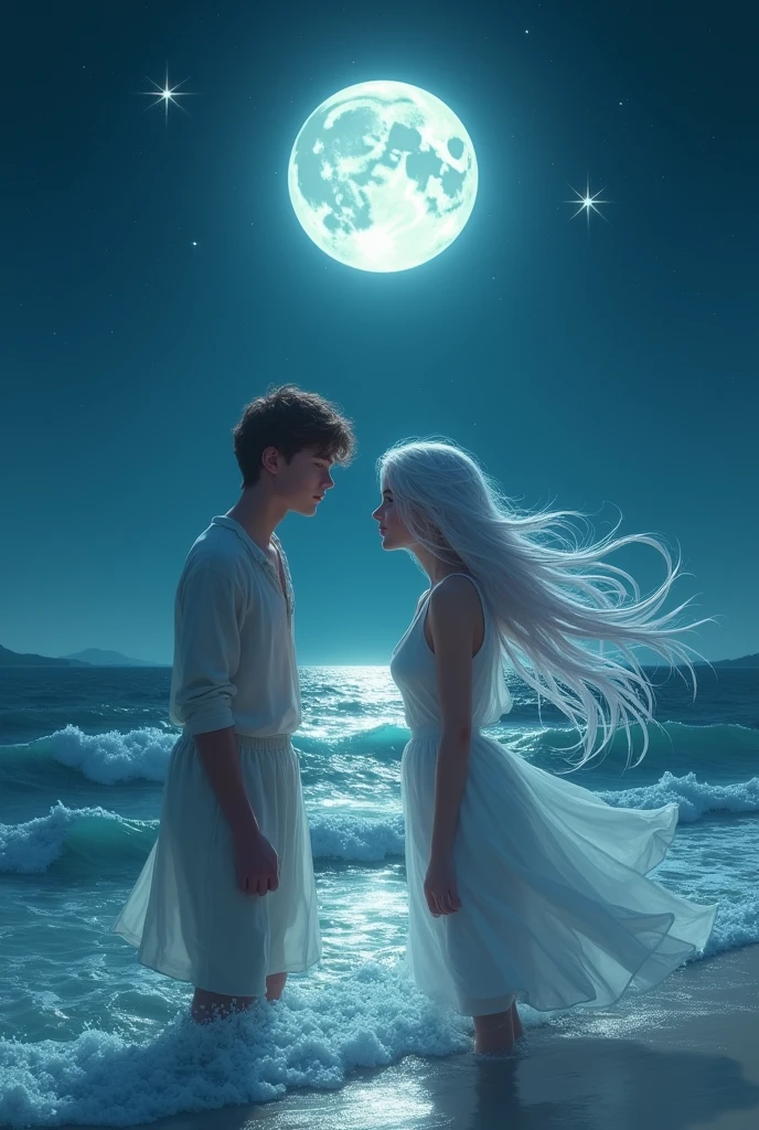 Scene 3: Lyra and Leo MeetPrompt: A nighttime scene on the beach with Leo and Lyra meeting for the first time. Leo stands knee-deep in the water, looking at Lyra with awe and surprise. Lyra is half-submerged, her long silver hair flowing in the water, and her luminous green eyes fixed on Leo. The full moon is high in the sky, casting a soft light over the scene. The ocean is calm, and stars twinkle above them, adding a magical atmosphere to the moment.