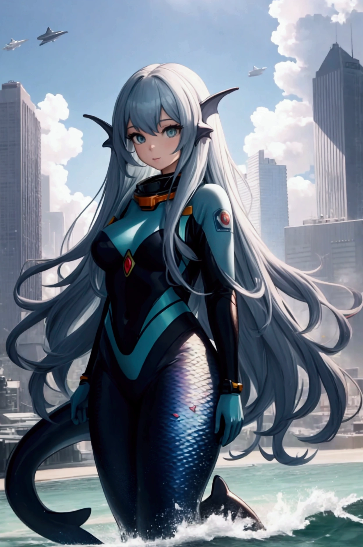 Full-length portrait of a dolphin-faced mermaid wearing a space suit Burning cityscape in the background