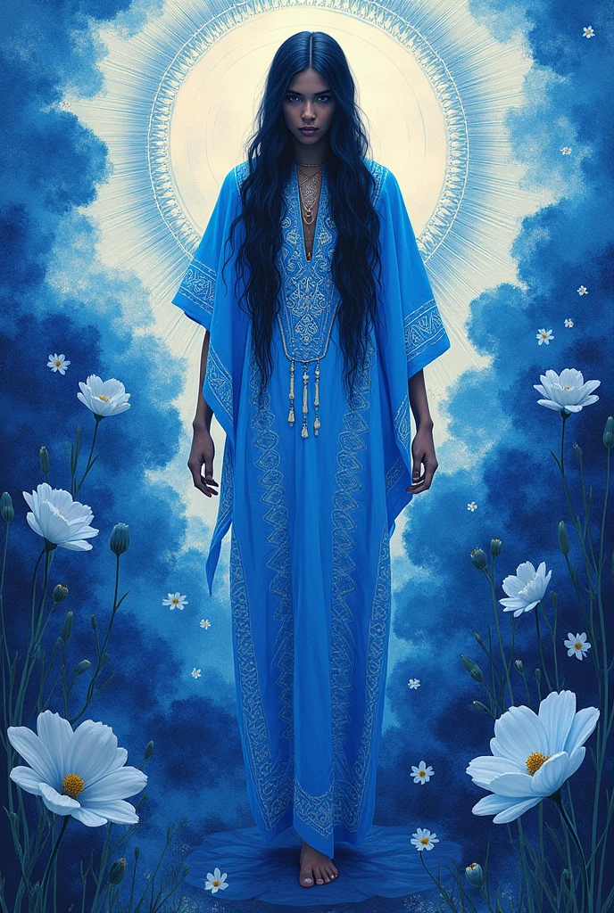 Surrealist work on the huipil with blue and white colors