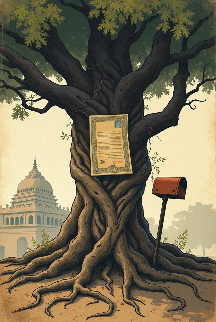 Gambling roots in 1800s indian society illustration using keywords letter, mail box, 500 rupee note. Use symbolic language for making this illustration. Use tree roots in this as symbolic representation to gambling roots